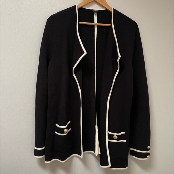 Talbots Size XL Black Off White Trim Gold Buttons Open Front Cardigan Coat - Picture 1 of 8